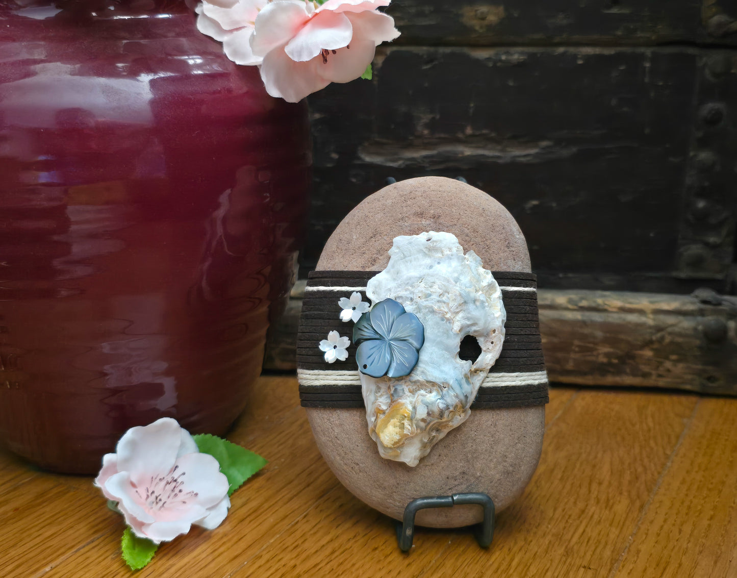 Oyster Shell & Flowers: Wrapped Sandstone Rock, Zen Stone