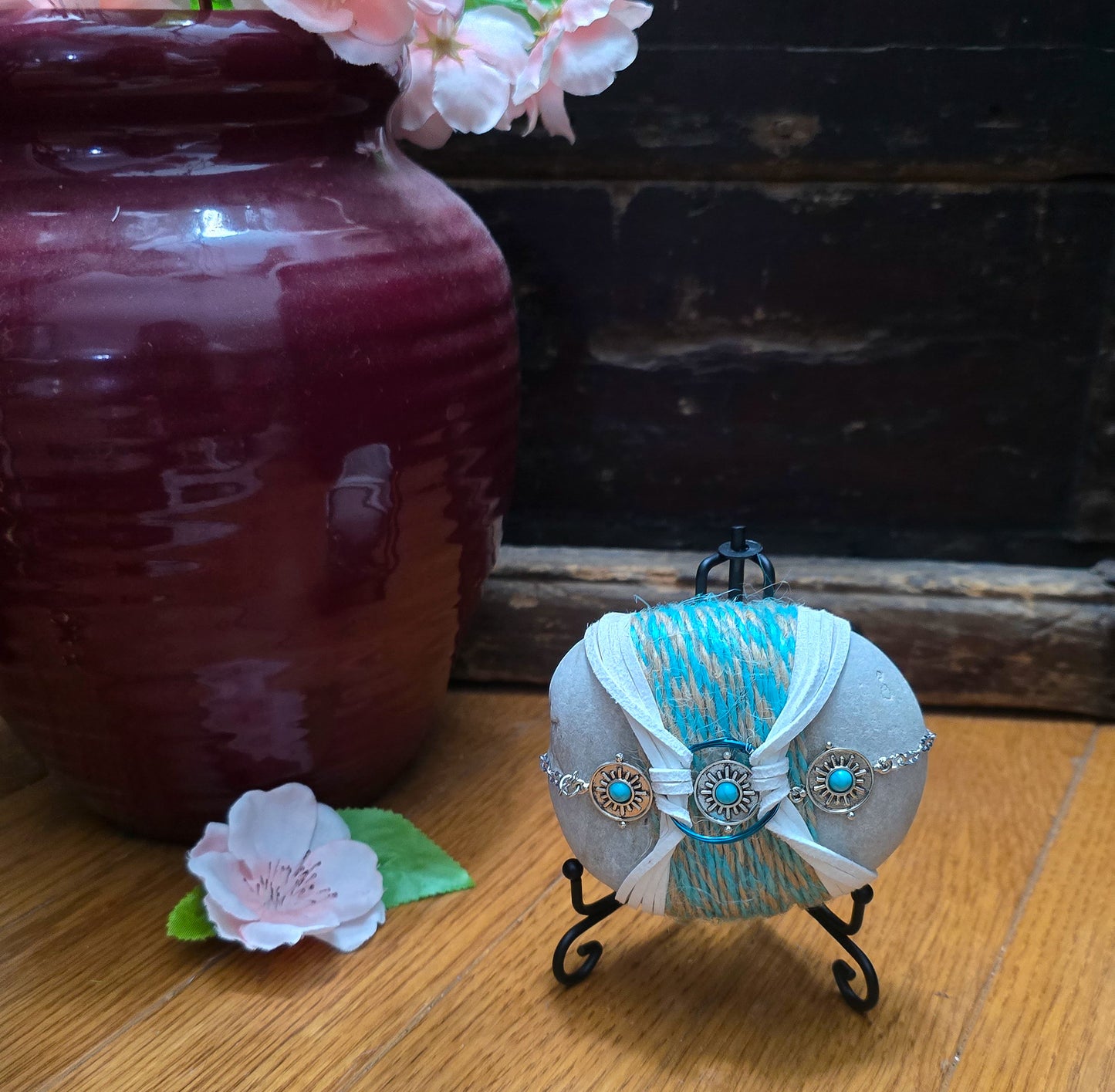 Turquoise Medallion: Wrapped Limestone Rock, Zen Stone