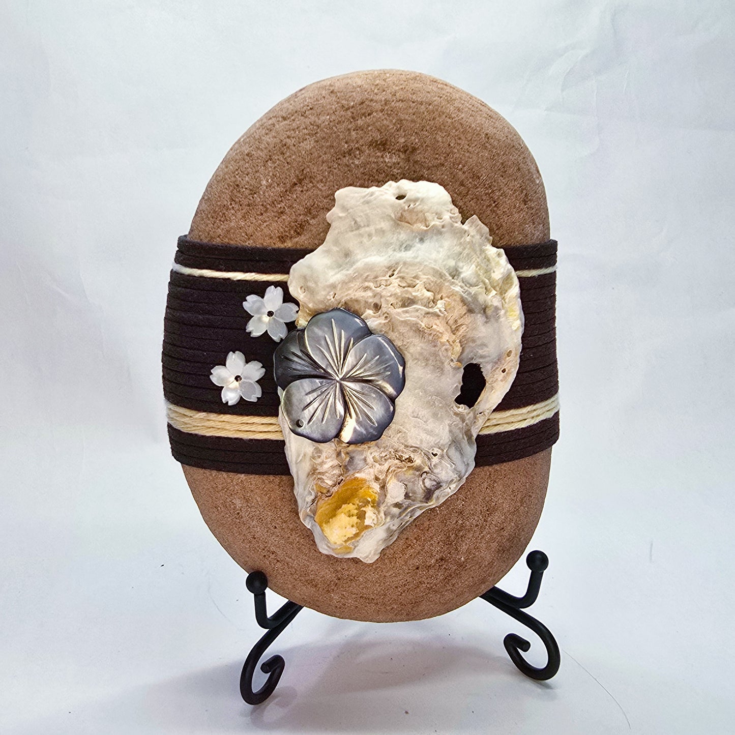 Oyster Shell & Flowers: Wrapped Sandstone Rock, Zen Stone