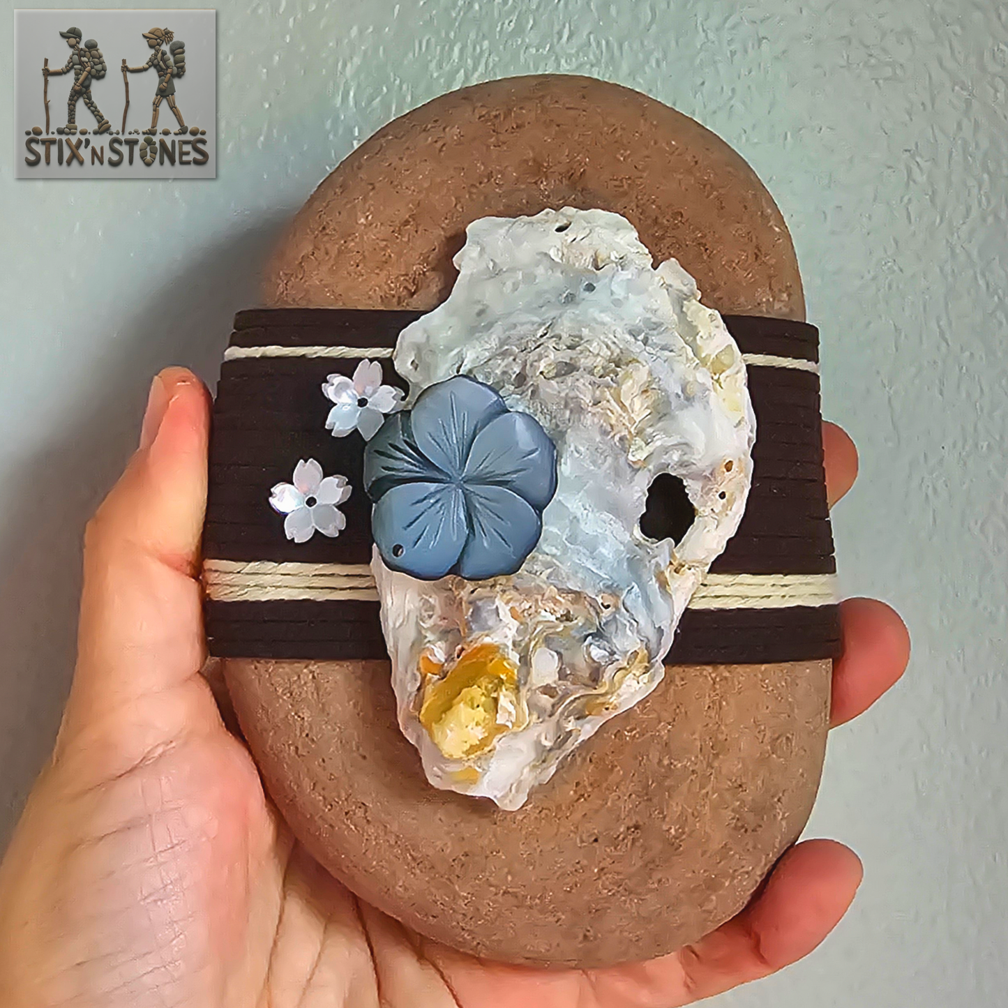Oyster Shell & Flowers: Wrapped Sandstone Rock, Zen Stone